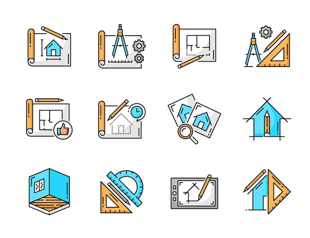 Vector iconos de diseño de interiores y desarrollo de arquitectos