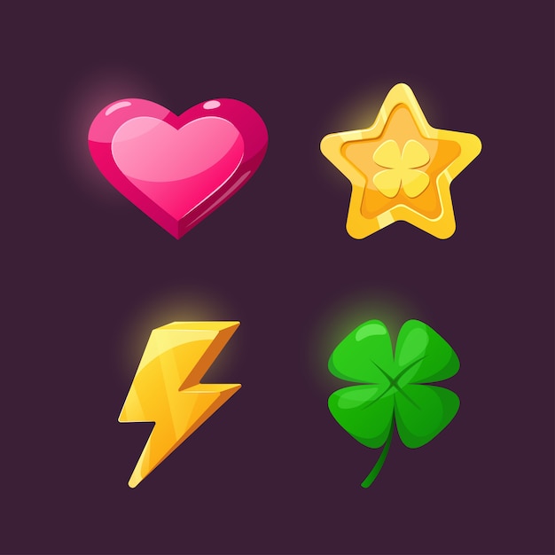 Iconos para el diseño del juego estrella, rayo, corazón, trébol.