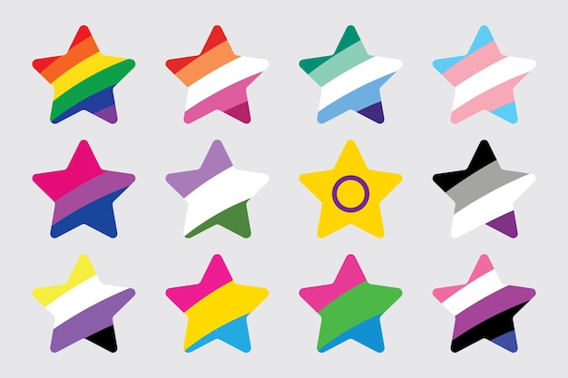 Vector iconos de diseño plano de la bandera del orgullo en forma de estrella lgbtqia concepto del mes del orgullo