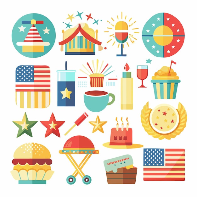 Iconos de diseño plano colorido de la celebración del Día de la Independencia de Estados Unidos