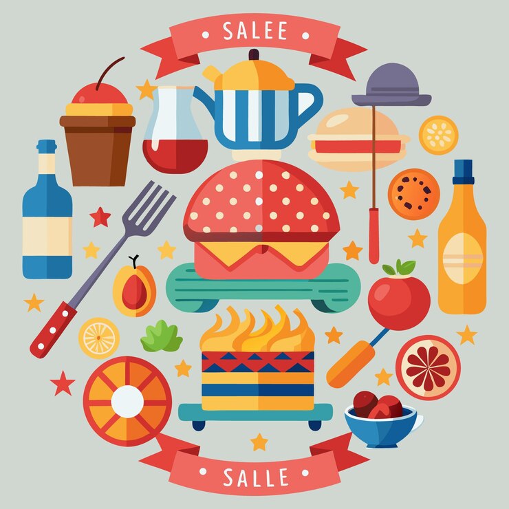 Vector iconos de diseño plano colorido con varios elementos para la venta de banner