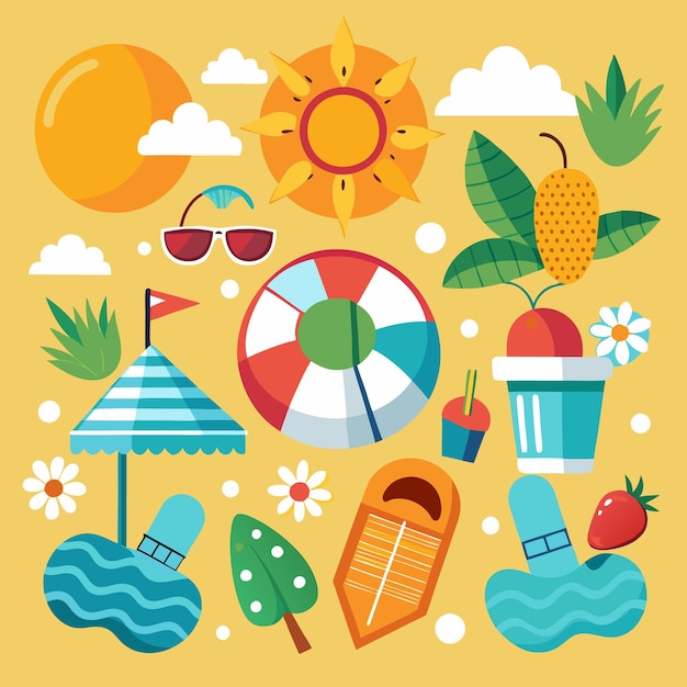Iconos de diseño plano de objetos de vacaciones de verano como paraguas de playa gafas de sol vida boya silla de playa y más