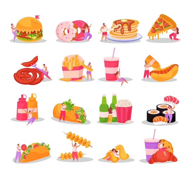 Iconos de diseño plano con personas con sobrepeso y varias comidas rápidas aisladas en ilustraciones de vectores de fondo blanco