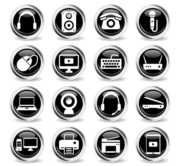 Iconos de dispositivos en botones negros redondos con anillo de metal