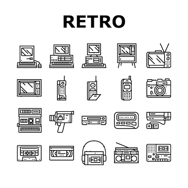 Iconos de dispositivos de tecnología de gadgets retro vector de conjunto