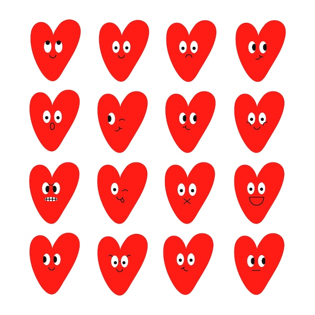Iconos divertidos corazones con caras de personajes aisladas en un fondo blanco Ilustración colorida de moda