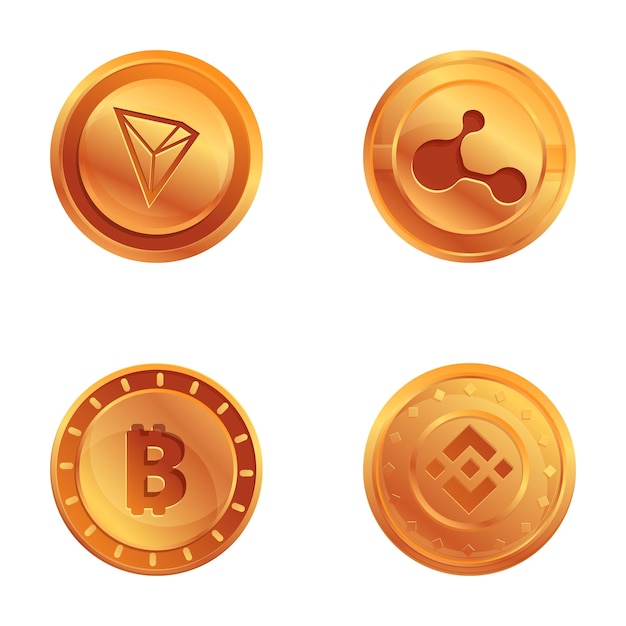 Vector iconos de divisas criptográficas con vector de dibujos animados moneda de oro con logotipo de criptomoneda