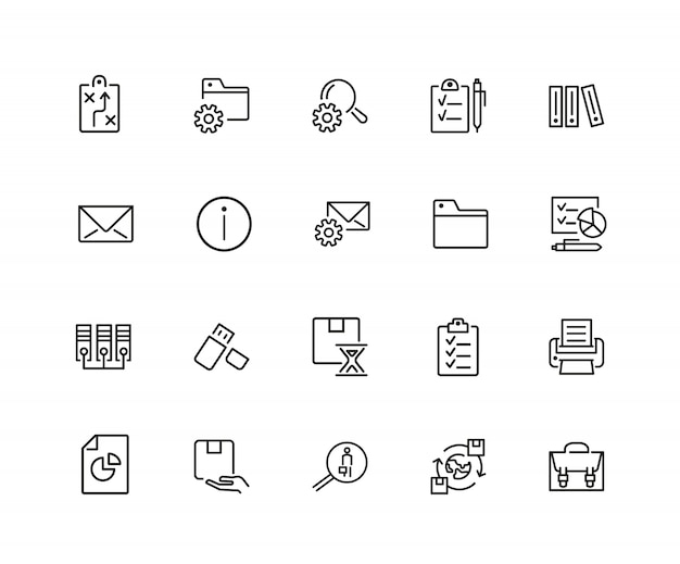 Iconos de documentos. conjunto de iconos de veinte líneas. signo de información, carpeta, unidad flash usb.