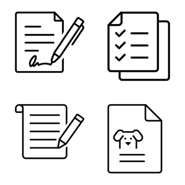 Iconos de documentos y contratos firmados Lista de comprobación de papel Rollo y símbolo de registro de mascotas en minimalista