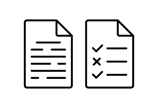 Iconos de documentos Ficha de comprobación lineal con marcas de comprobación y cruces Iconos del documento Iconos vectoriales