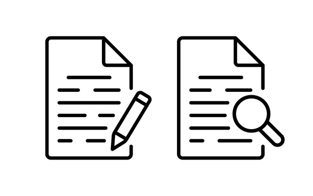 Iconos de documentos con lápiz y lupa Iconos del documento con un lápiz o lupa en el interior Iconos vectoriales