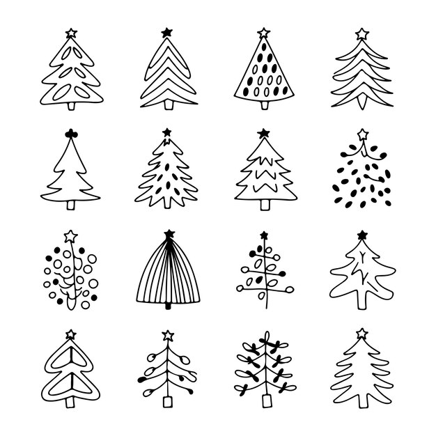 Iconos de doodle de árboles de Navidad dibujados a mano