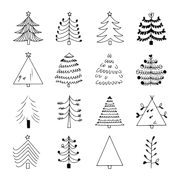 Iconos de doodle de árboles de Navidad dibujados a mano