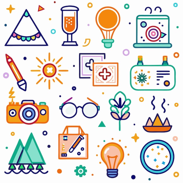 Iconos de Doodle coloridos de varios objetos e ideas