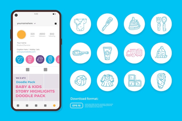 Iconos de doodle de cuidado de bebés y niños para recién nacidos con juguetes, comida, accesorios. conjunto de símbolos de signo para resaltar las redes sociales