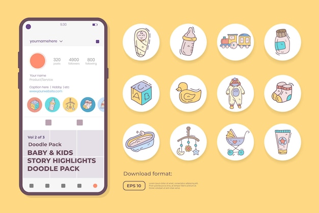 Iconos de doodle de cuidado de bebés y niños para recién nacidos con juguetes, comida, accesorios. conjunto de símbolos de signo para resaltar las redes sociales