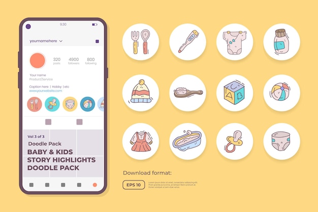 Iconos de doodle de cuidado de bebés y niños para recién nacidos con juguetes, comida, accesorios. conjunto de símbolos de signo para resaltar las redes sociales