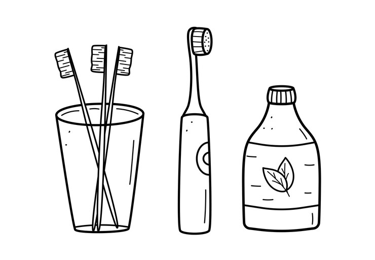 Iconos de doodle para el cuidado oral y dental Ilustración vectorial de cepillos de dientes enjuague bucal