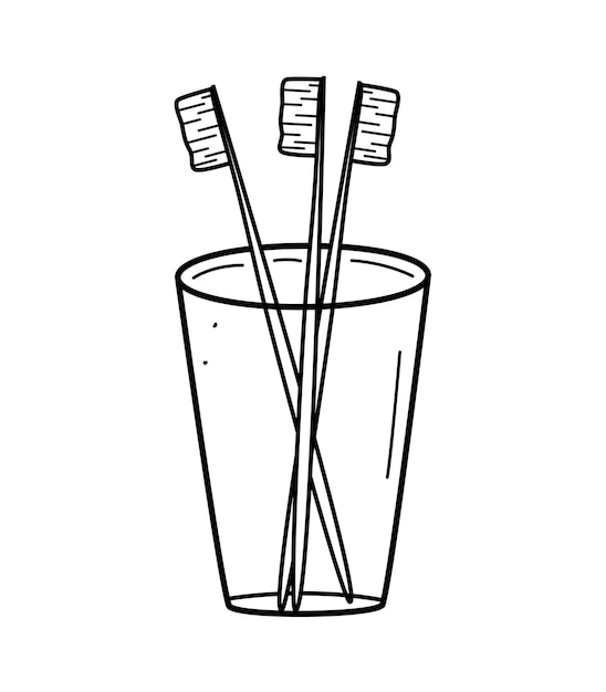 Iconos de doodle para el cuidado oral y dental Ilustración vectorial un conjunto de cepillos de dientes en una taza de vidrio Isolados sobre un fondo blanco