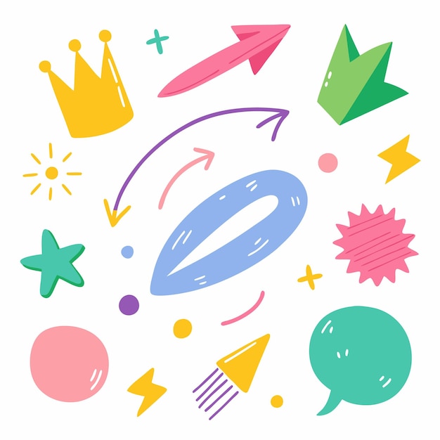 Iconos de Doodle con flechas, estrellas y burbujas de habla
