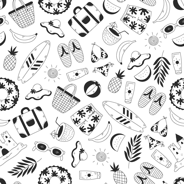Iconos de Doodle de playa de verano Patrón sin costuras