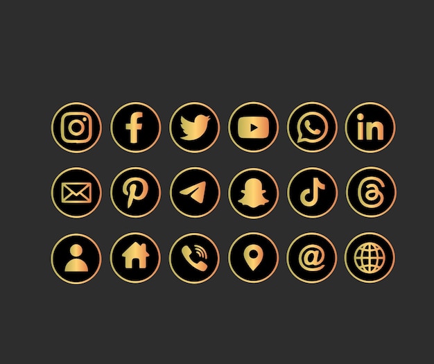 Iconos dorados de las redes sociales en fondo negro