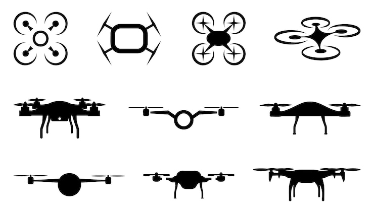 Vector iconos de drones aéreos civiles en negro sobre un fondo blanco conjunto de siluetas de drones aéreos plantillas de logotipos de drones voladores conjunto de drones voladores