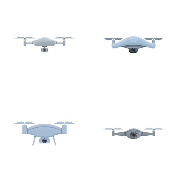 Iconos de drones establecidos en el vector de dibujos animados Drones voladores controlados remotamente por radio