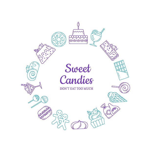 Iconos de dulces de estilo lineal en forma de círculo