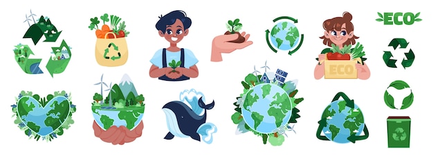 Iconos e ilustraciones ecológicas para un futuro sostenible