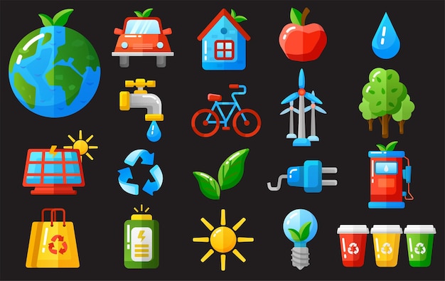 Vector iconos de ecología establecen ilustración vectorial.