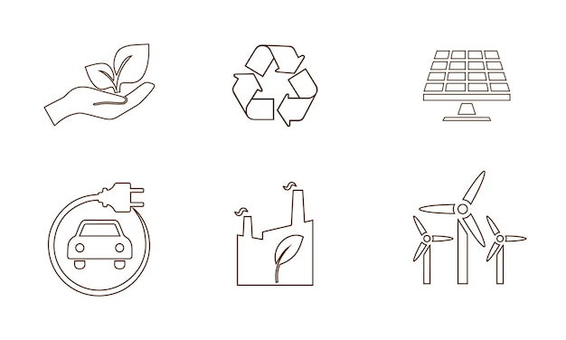 iconos ecológicos establecidos paneles solares de color marrón carteles de reciclaje coches eléctricos plantas ecológicas energía renovable