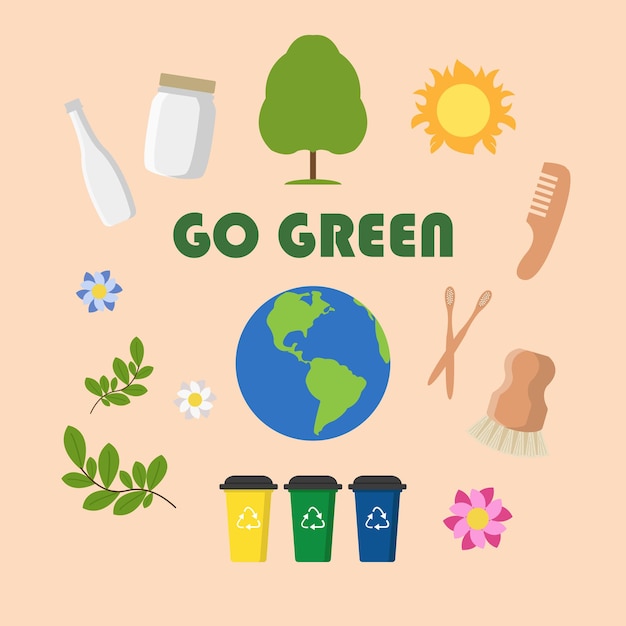 Iconos ecológicos con letras Go Green Poster tarjeta etiqueta y banner diseño ecología tema ilustración vectorial