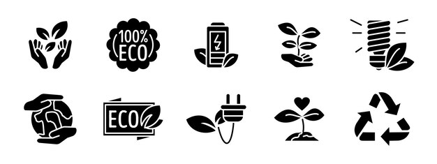 Iconos ecológicos en negro Símbolos de sostenibilidad, energía verde, reciclaje y conservación de la naturaleza