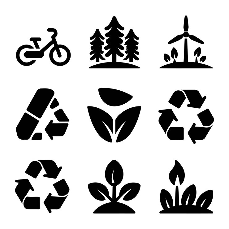 Iconos ecológicos reciclando energía renovable y símbolos de la naturaleza