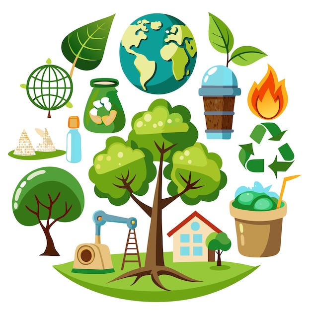 Iconos ecológicos verdes círculo con globo de árbol reciclando hojas de fuego y otros símbolos