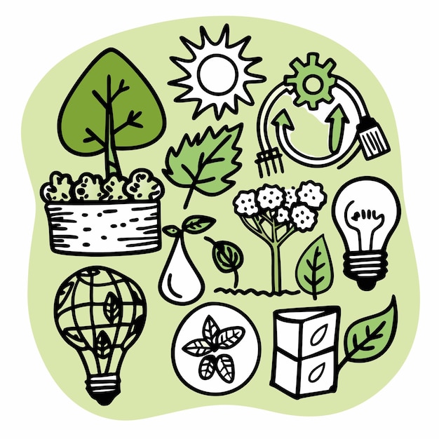 Iconos ecológicos verdes dibujados a mano que incluyen hojas, árboles, bombillas y un engranaje