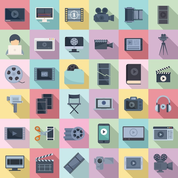 Los iconos de edición de video establecen vector plano. Reproductor de audio en pantalla. Lista de reproducción de videos en línea