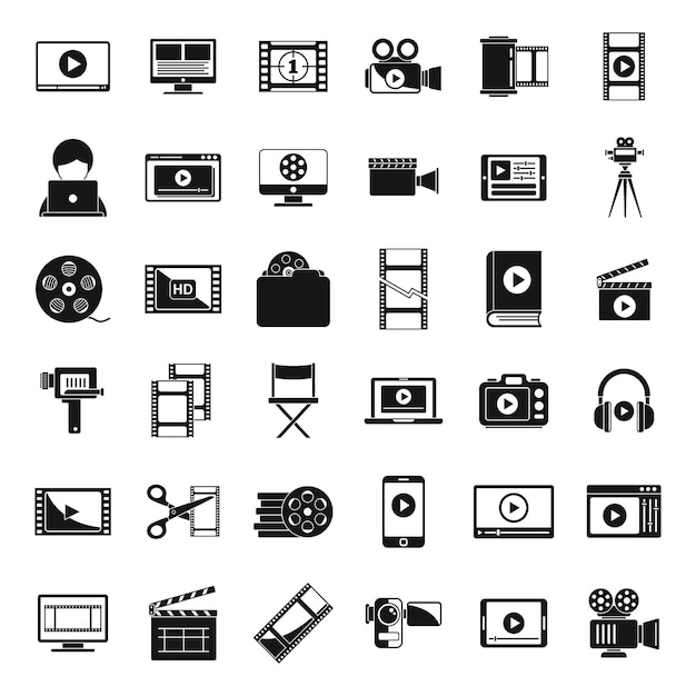 Los iconos de edición de video de pantalla establecen un vector simple. Jugador en línea. Reproducción de edición de video