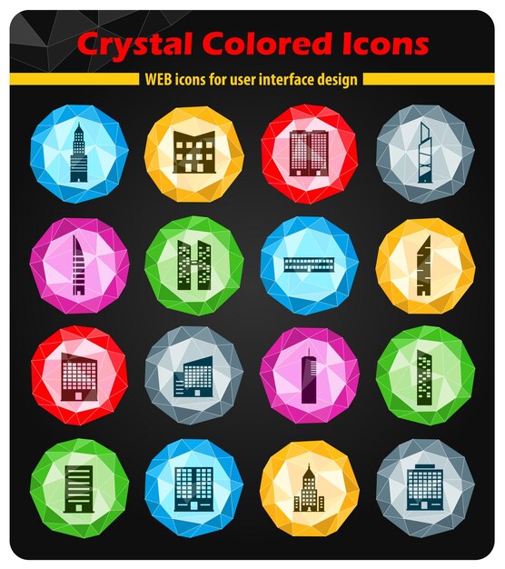 Iconos de edificios en cristales de botones de colores