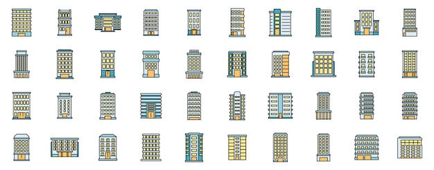 Los iconos de edificios de varios pisos establecen una línea de color vectorial