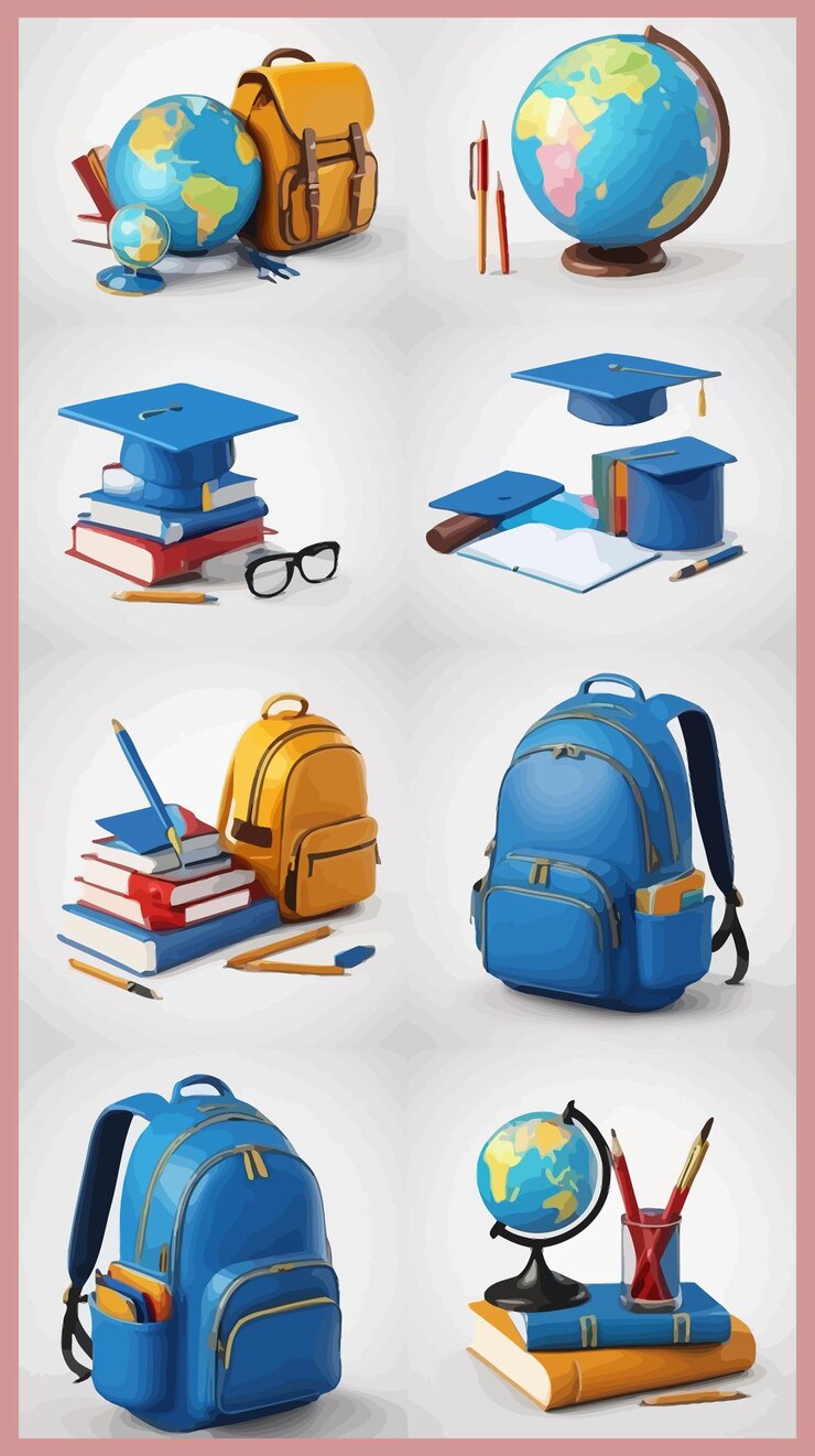 iconos de educación 3d render vector bolsa escolar globo libro abierto lápiz pluma sombrero de graduación gafas