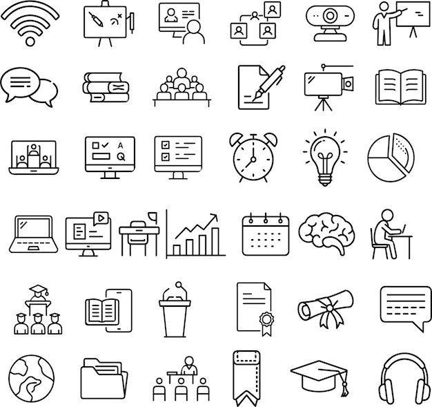 Iconos de educación Conjunto con varios elementos de aprendizaje y escolares Diseños vectoriales para la marca