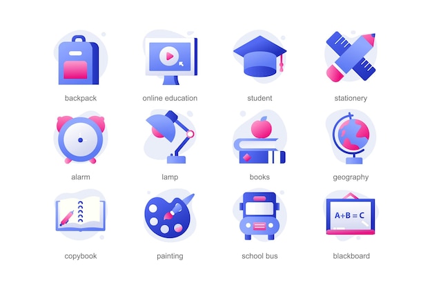 Los íconos de la educación en un diseño de dibujos animados plano con colores azules. Libros, globos y varias fórmulas - todos estos atributos de los escolares, que se representan en un estilo de dibujo animado. Ilustración vectorial.