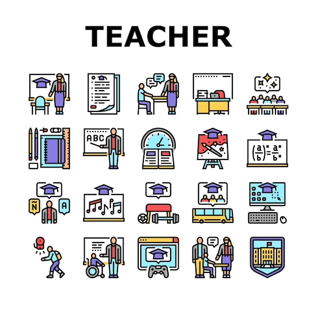 los iconos de la educación de los maestros de la escuela primaria establecen el vector