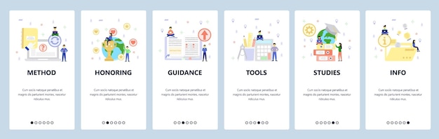 Iconos de educación oficina y accesorios de estudio pantallas de incorporación de aplicaciones móviles plantilla de banner vectorial de menú para desarrollo de sitios web y móviles diseño de sitios web ilustración plana