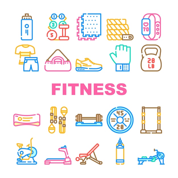 Iconos de ejercicio de gimnasio fitness vector dieta deporte peso salud saludable músculo alimentos nutrición corazón actividad fitness gimnasio ejercicio color línea ilustraciones