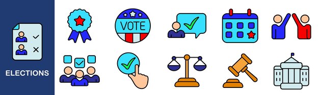 Iconos de las elecciones Candidatos votan participación en el debate escalas boleta calendario gobierno insignia justicia campaña compromiso cívico democracia legal