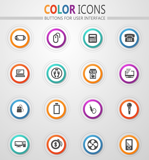 Vector iconos de electrodomésticos en botones blancos redondos con trazos de color