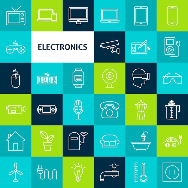 Iconos de electrónica de línea de vector. Símbolos de electrodomésticos de contorno fino sobre cuadrados coloridos.